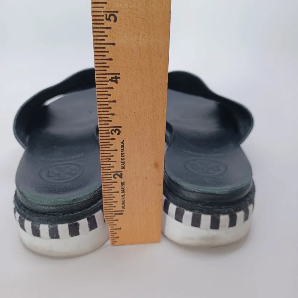 Tory Burch Slides Black Leather Open‎ Toe Sandals Womens 5.5